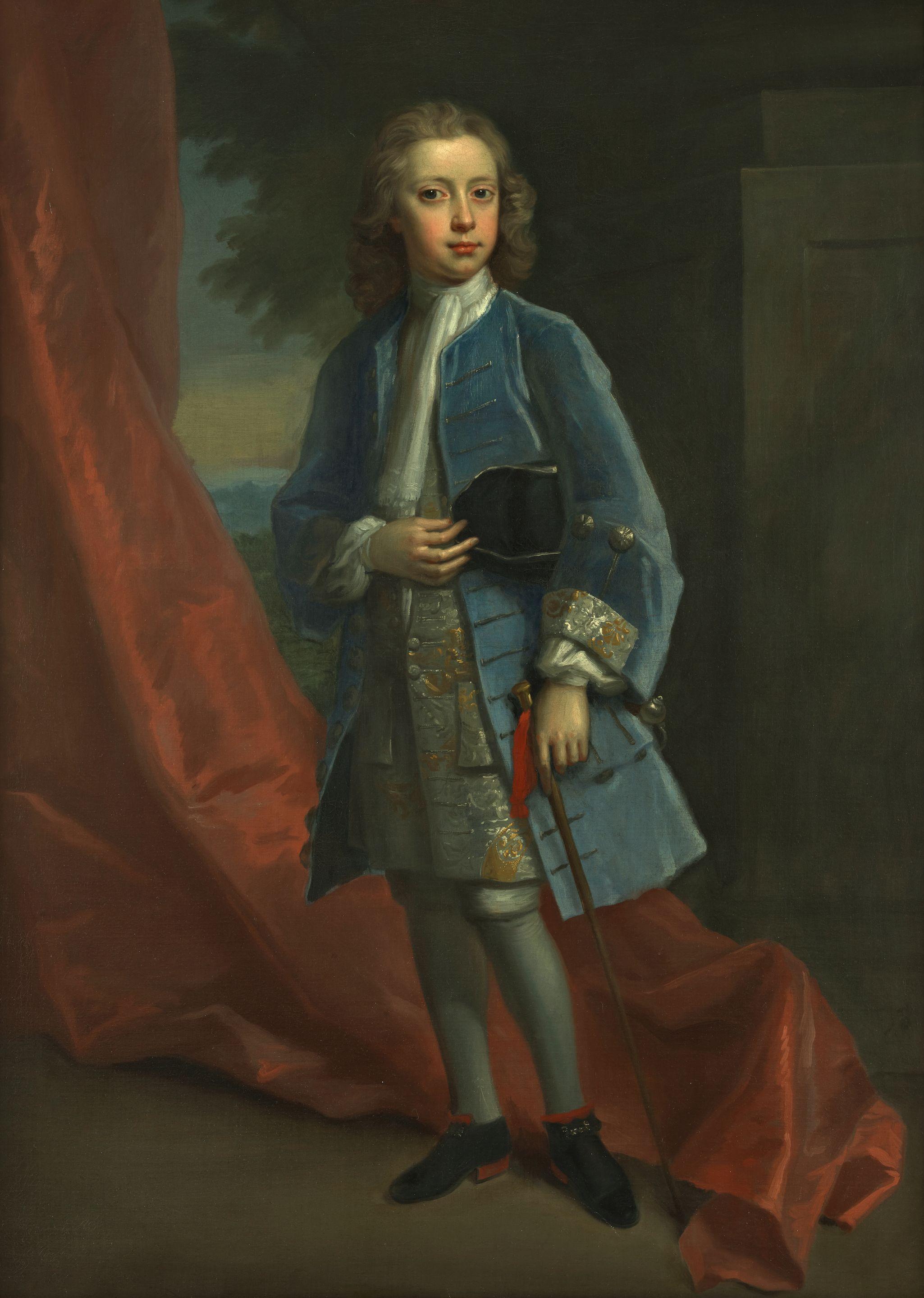 Jonathan Richardson - Portrait Of A Boy, A Member Of The Gough Family, Full-Length, In A Blue Coat, Standing Before A Red Curtain
