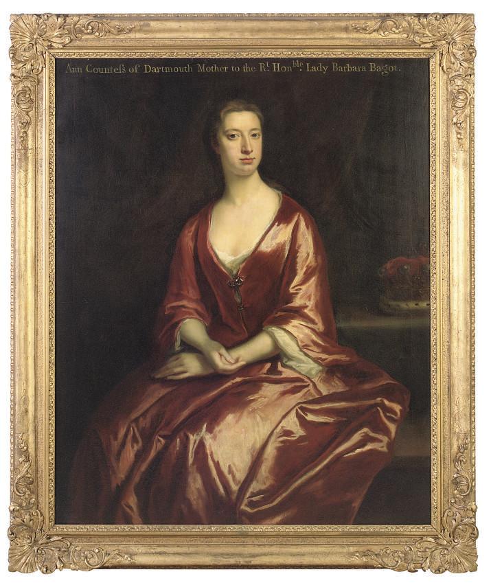 Jonathan Richardson - Portrait of Ann, Countess of Dartmouth (d.1751), seated three-quarter-length, in a burgundy dress, a coronet on a ledge at her side