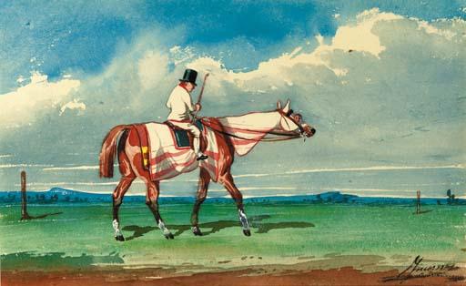 Jonny Audy - The Comte de Cambis\'s racehorse, Giges, with jockey up; A Hunter in the Bois de Boulogne; The Comte de Casquin de Normandie\'s grey hunter rearing up in a landscape; The Famous Pergamon and Fidelis; and A loose post horse in a landscape