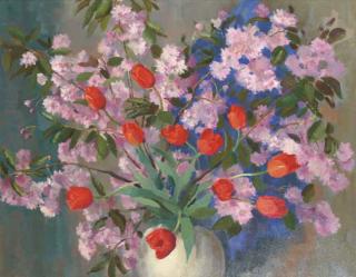 Joop Stierhout - A still life with tulips and cherry blossom