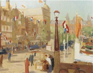 Joop Stierhout - Viering van de geboorte van Prinses Irene: Vlaggen op het Damrak, Centraal Station in de achtergrond