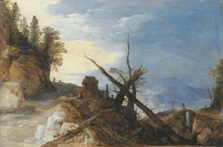 Joos De Momper II - A mountain landscape with a fallen tree on a path, a bridge in the distance