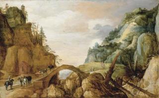 Joos de Momper II - A mountainous landscape with horsemen and travellers crossing a bridge
