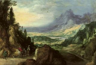 Joos de Momper II - A mountainous landscape with horsemen meeting a beggar on a path, a lake in the distance