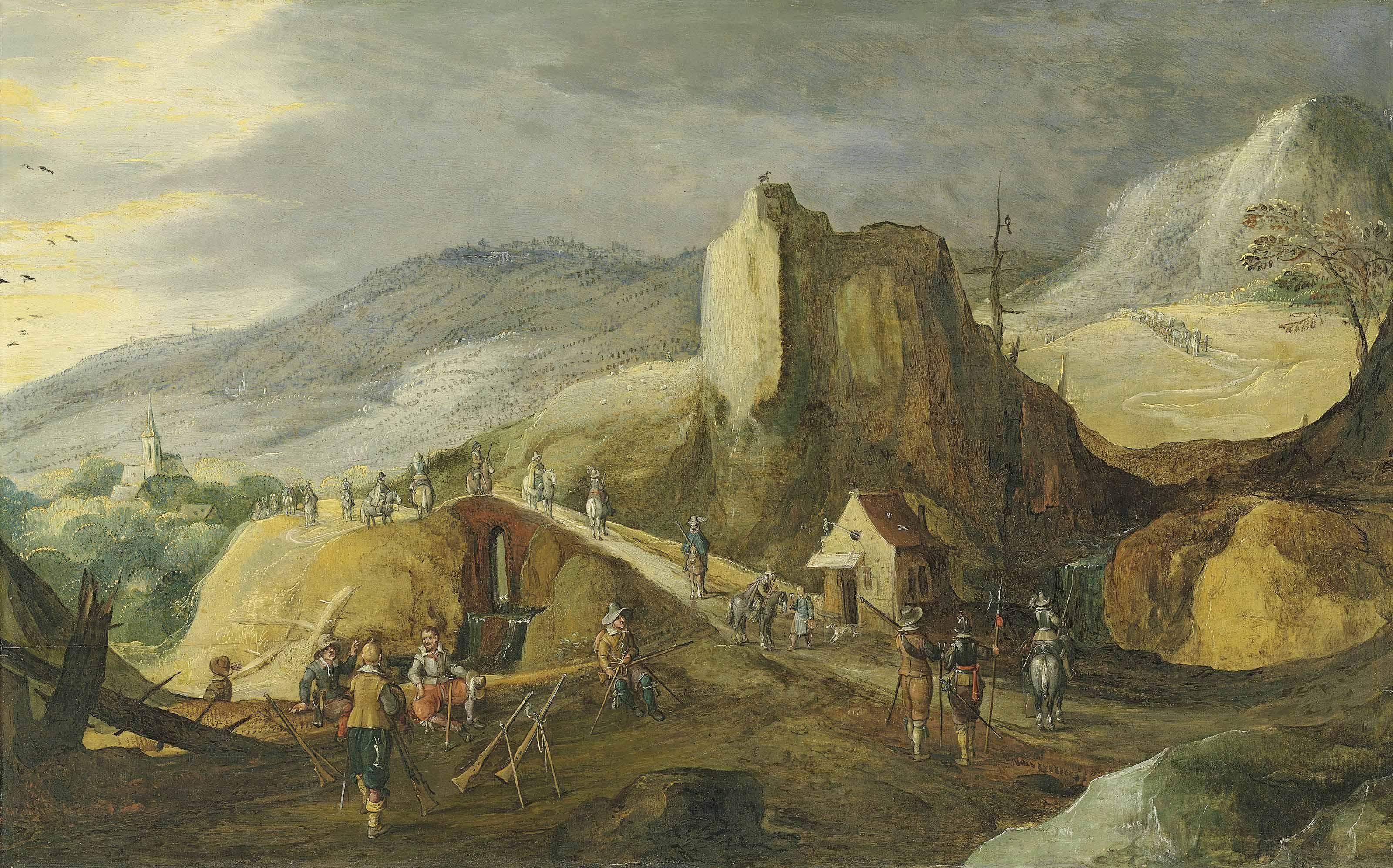 Joos De Momper Ii - A Mountainous Landscape With Soldiers Preparing An Attack By A Bridge