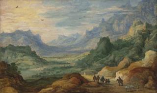 Joos De Momper Ii - A mountainous landscape with travellers and herdsmen on a path
