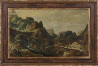 Joos De Momper II - A mountainous landscape with travellers on paths along a riverbank