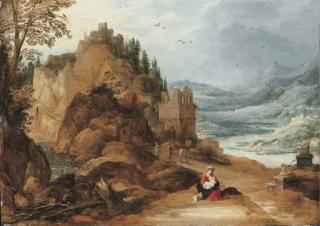 Joos De Momper II - A mountainous river landscape with the Rest on the Flight into Egypt