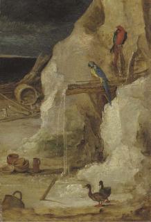 Joos De Momper II - A rocky landscape with parrots and ducks