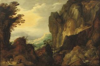 Joos De Momper II - A rocky landscape with travellers on a path and crossing a bridge by a waterfall
