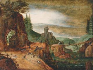 Joos De Momper II - A rocky river landscape with peasants and their goats by a path, a fortified dwelling beyond