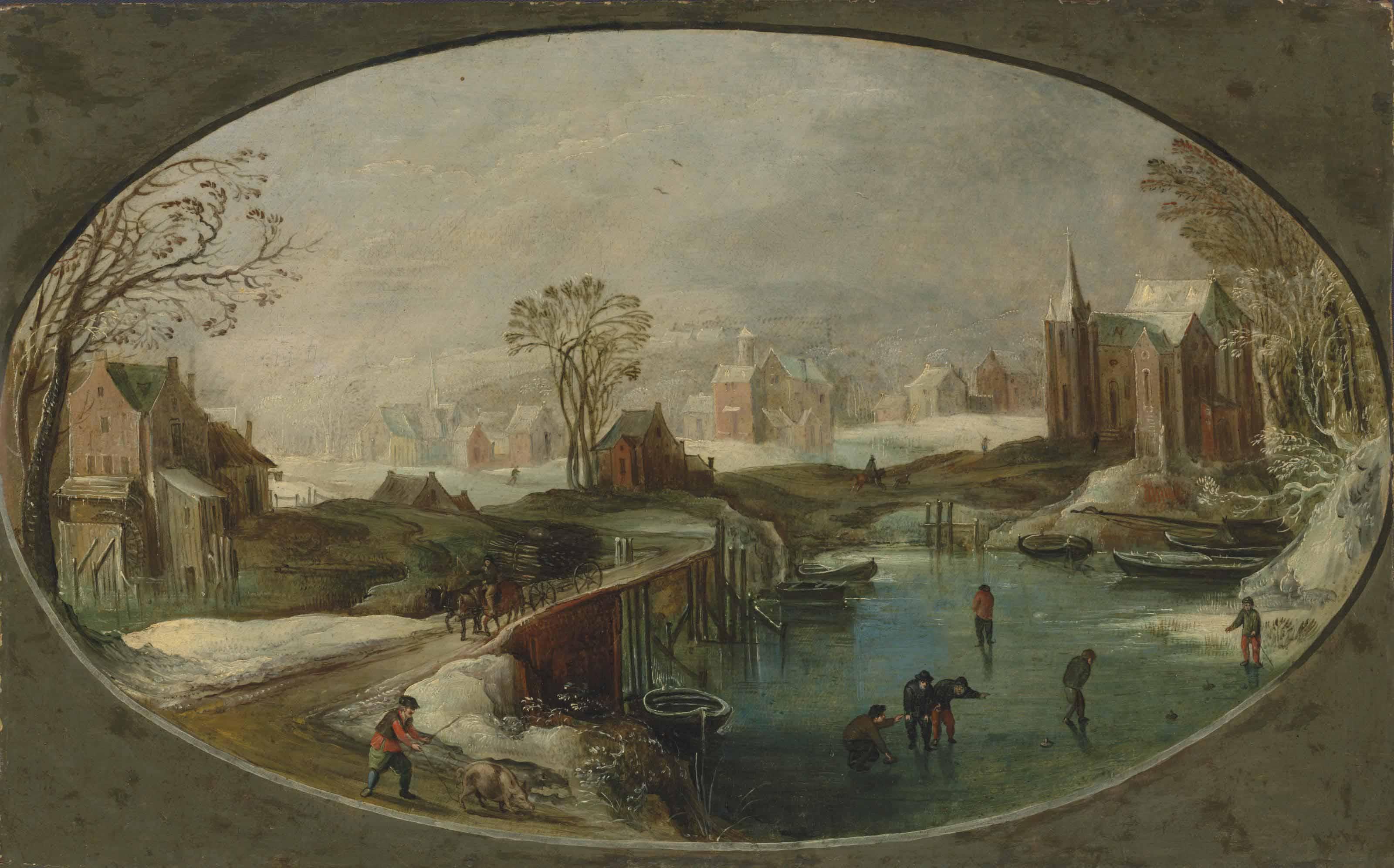 Joos De Momper II - A Winter Landscape With Figures Playing Games On A Frozen River, A Faggot-Gatherer And A Herdsman On A Path, A Village Beyond
