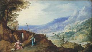 Joos de Momper II - An extensive mountainous landscape with an angel appearing to Hagar