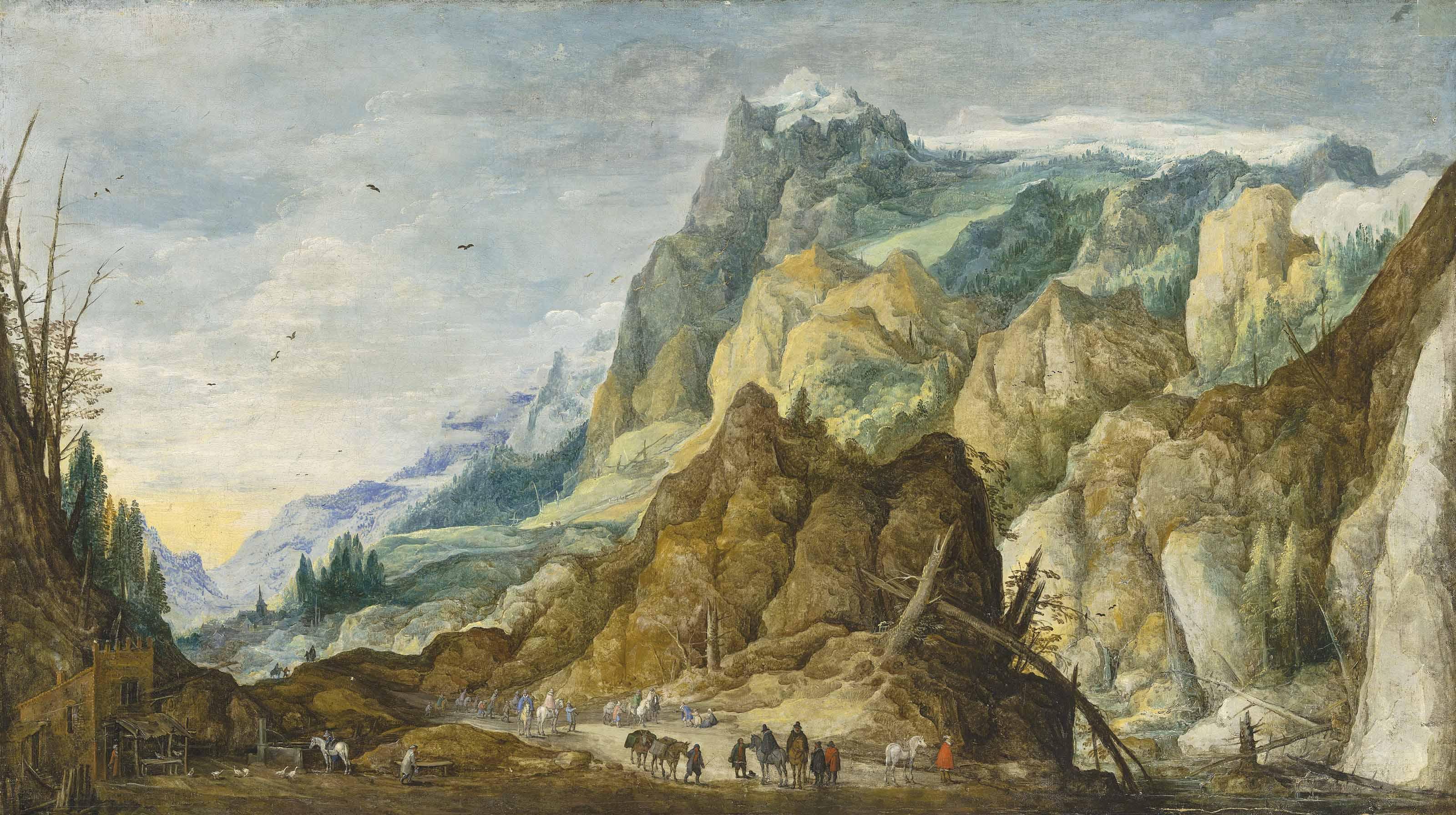 Joos De Momper II - An extensive mountainous landscape with travellers