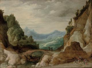 Joos de Momper II - An extensive rocky landscape with travellers by a bridge