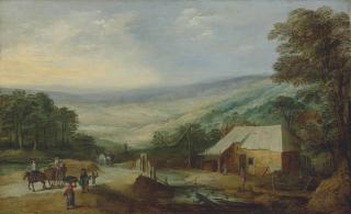 Joos De Momper II - An Extensive Wooded Landscape With Figures And Horse-Drawn Carts On A Track By A Cottage