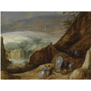 Joos de Momper - A Mountainous Landscape With Horsemen And Travellers In A Horse-Drawn Wagon And A Horse-Drawn Cart On A Path, A Watermill Beyond