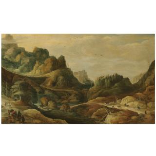 Joos de Momper - A Mountainous Landscape, With Many Figures On A Road Passing Along Each Bank Of A River