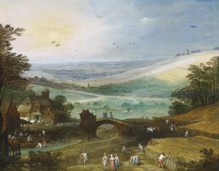 Joos De Momper - A Summer Landscape With Figures Bringing In The Harvest