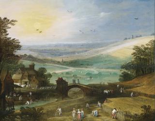 Joos De Momper - A Summer Landscape With Figures Bringing In The Harvest