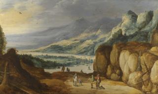 Joos De Momper - An Extensive Mountainous River Landscape With Horsemen Conversing On A Raised Plateau