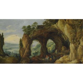 Joos de Momper - An Extensive River Landscape With Horsemen Before A Rocky Arch In The Foreground
