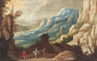 Joos de Momper - Bergige Landschaft mit Reisenden im Vordergrund