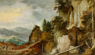 Joos de Momper - Gebirgslandschaft mit Wasserfall und Reisenden