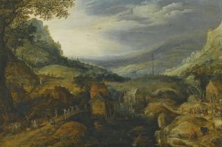 Joos De Momper - Mountain Landscape With Country Folk Dancing And Merrymaking Outside Taverns By A Small Lake, A Maypole In The Distance