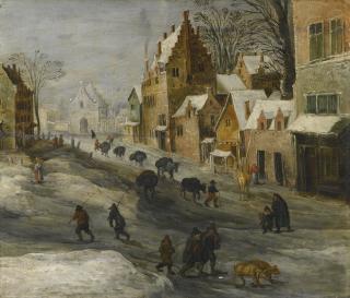 Joos De Momper - Winter Landscape With A Caravan Of Pack Donkeys Passing Through A Town, Two Farmers And Their Pigs In The Foreground