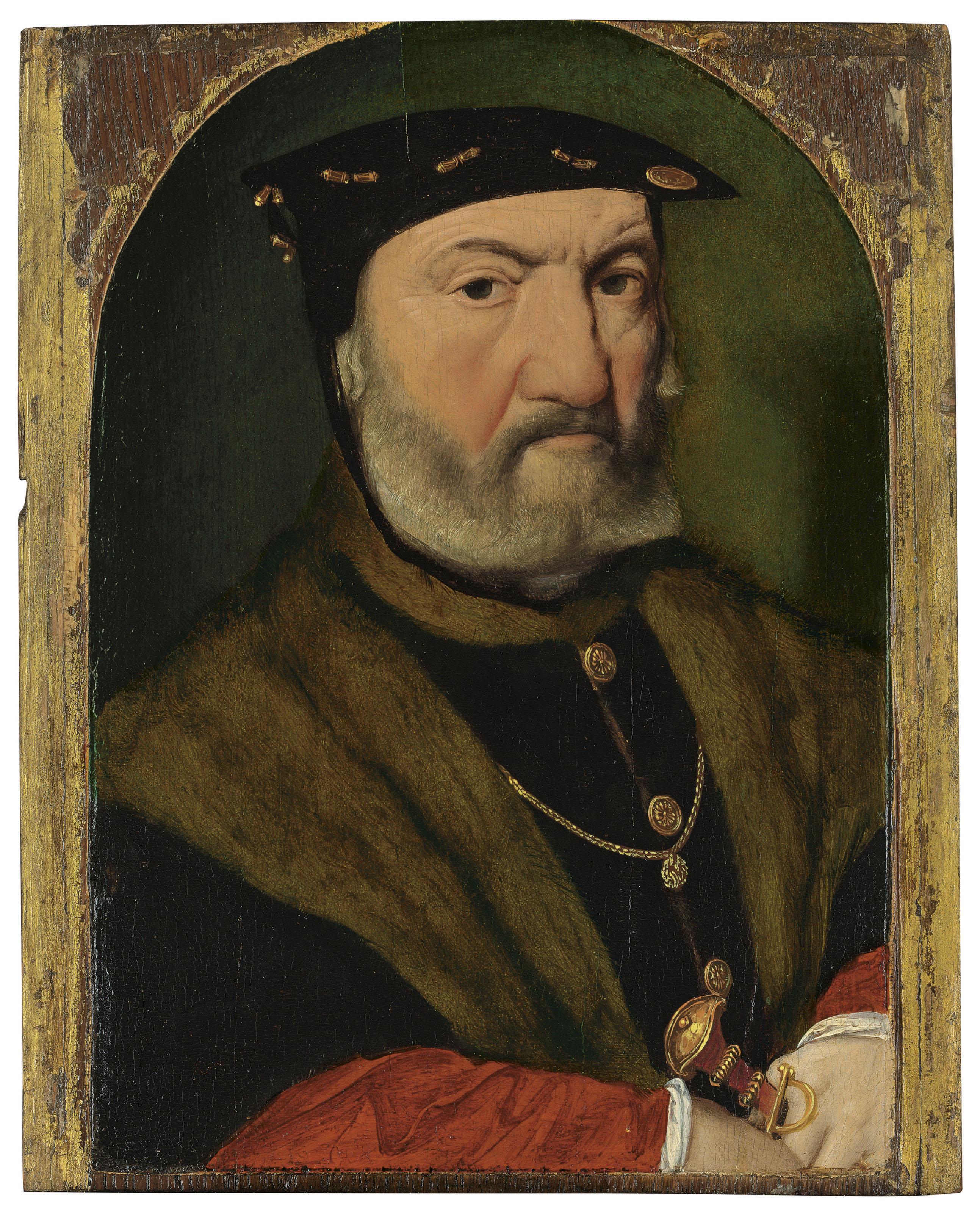 Joos Van Cleve - Portrait Of A Bearded Man, Bust Length, Wearing A Black Beret, A Fur Lined Surcoat And Crimson Undersleeves, Holding A Dagger