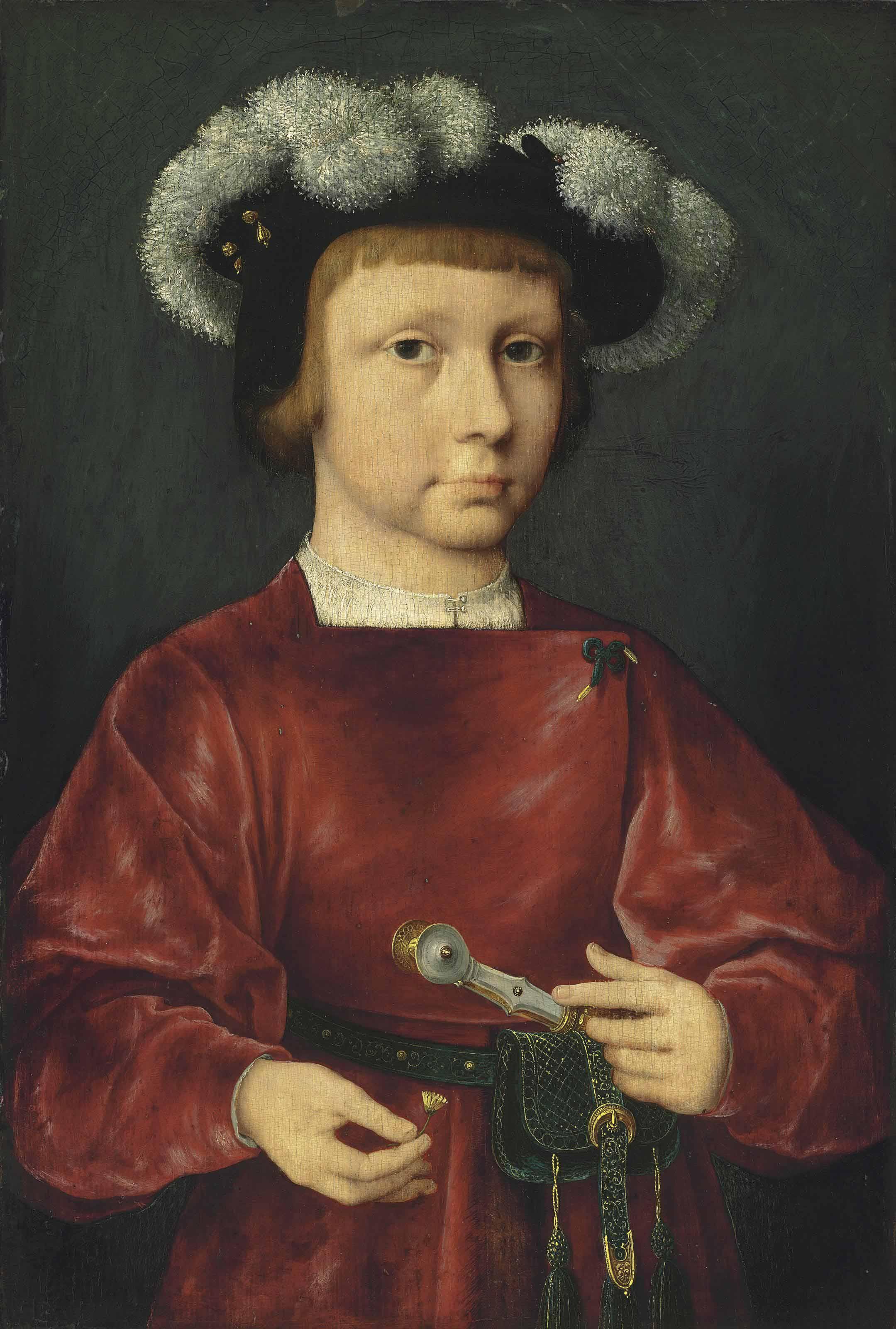 Joos van Cleve - Portrait Of A Young Nobleman, Small Half-Length, In A Crimson Doublet, Wearing A Plumed Beret, Holding A Daisy