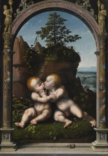 Joos Van Cleve - The Infant Christ And Saint John The Baptist As Children Embracing In A Landscape, Surrounded By A Classical Archway