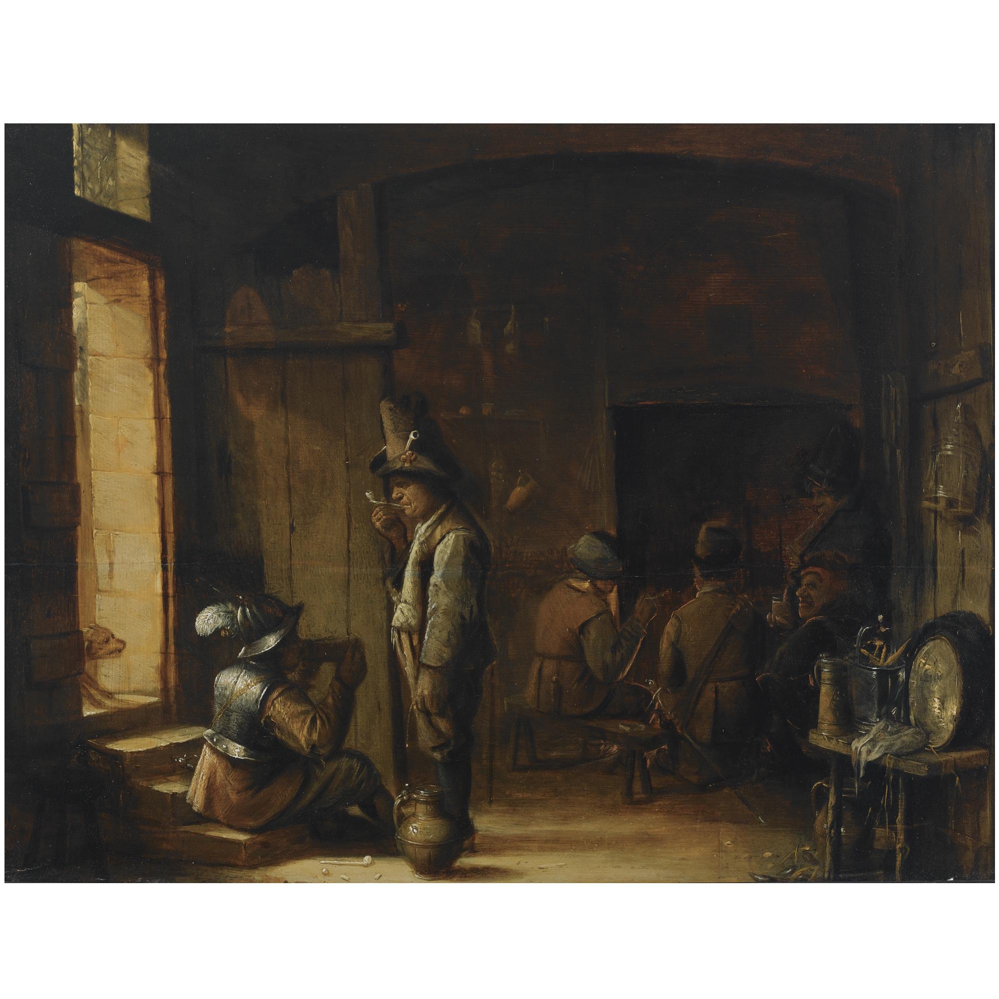 Joos Van Craesbeeck - An Interior Of An Inn With A Peasant Smoking A Pipe And A Soldier Drinking, Other Figures Smoking And Drinking In The Background