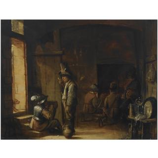 Joos Van Craesbeeck - An Interior Of An Inn With A Peasant Smoking A Pipe And A Soldier Drinking, Other Figures Smoking And Drinking In The Background