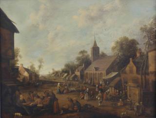 Joost Cornelis Droochsloot - A busy townscape with peasants conversing and drinking, a church beyond