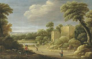 Joost Cornelis Droochsloot - An Extensive Wooded Landscape With Townsfolk By A Villa