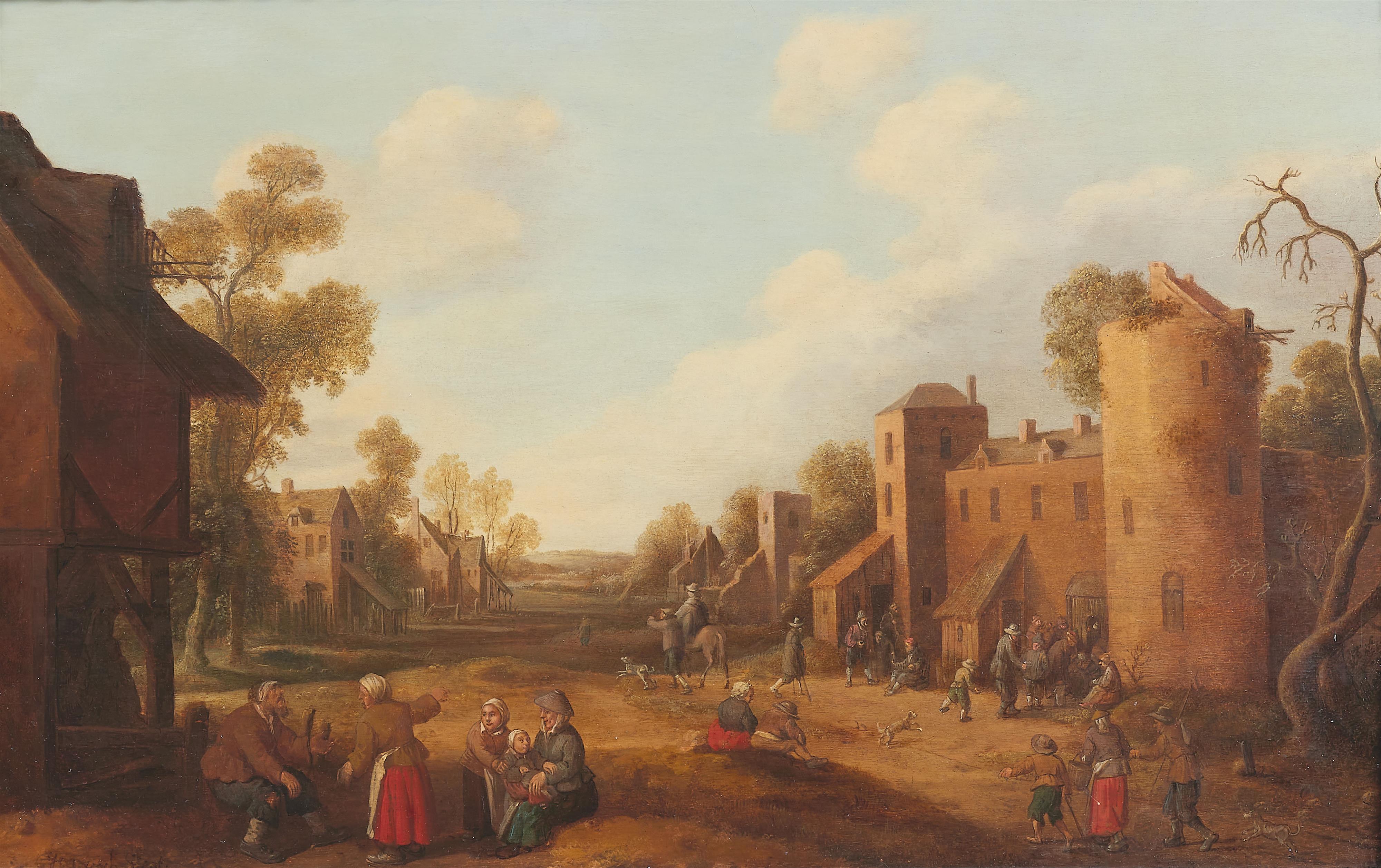 Joost Cornelisz. Drochsloot - Weite Dorflandschaft mit reicher Figurenstaffage