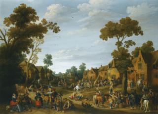 Joost Cornelisz. Droochsloot - A Busy Village Scene With Soldiers And Peasants