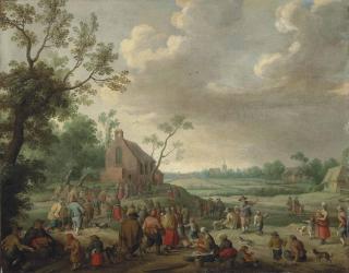 Joost Cornelisz. Droochsloot - A Landscape With Figures Conversing And Playing Music, A Church Beyond