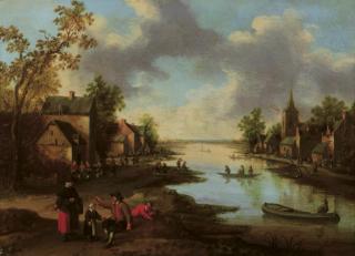 Joost Cornelisz. Droochsloot - A river landscape with figures outside an inn and fishermen in boats, a family conversing in the foreground