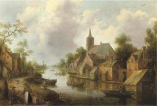 Joost Cornelisz. Droochsloot - A River Landscape With Figures Outside An Inn And Fishermen In Boats, A Town Beyond