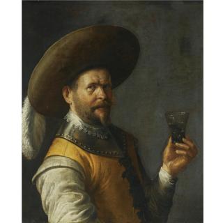 Joost Cornelisz. Droochsloot - A Self Portrait Of The Artist, Half Length, Dressed As A Cavalier, Wearing A Feathered Head, Holding A Glass In His Left Hand