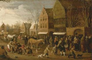 Joost Cornelisz. Droochsloot - A town view with figures gathered in the street