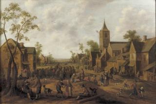 Joost Cornelisz. Droochsloot - A town with numerous figures gathered in a street