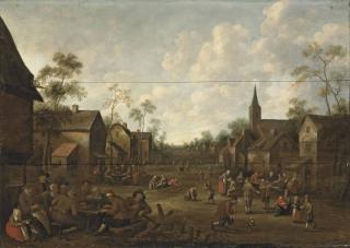 Joost Cornelisz. Droochsloot - A village feast with figures outside an inn and others playing games