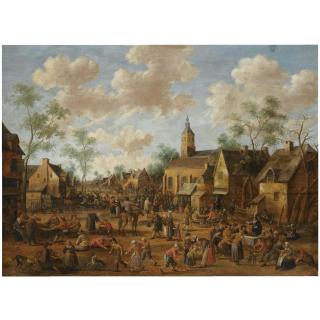 Joost Cornelisz. Droochsloot - A Village Kermesse, With Numerous Figures Feasting And Conversing In The Street, Other Figures Gathered Around A Quack Doctor In The Foreground, A Church On The Right With A Crowd  
