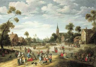 Joost Cornelisz. Droochsloot - A village kermesse with numerous peasants feasting and making merry