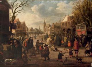 Joost Cornelisz. Droochsloot - A village meeting with figures gathered in the street