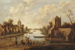 Joost Cornelisz. Droochsloot - A village near a river, figures in the foreground